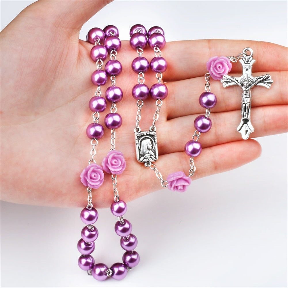 Glass imitation pearl catholic cross necklace