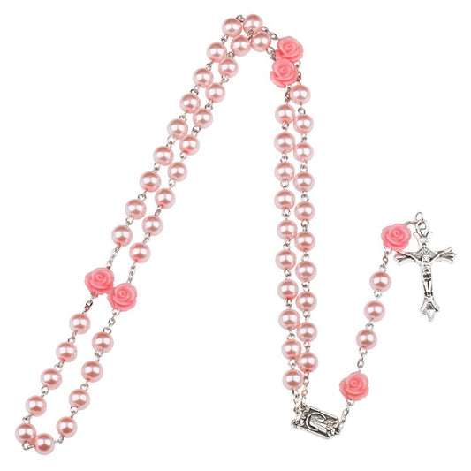 Glass imitation pearl catholic cross necklace